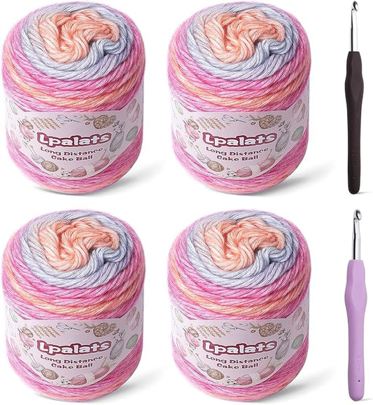 Ombre Yarn for Crocheting - 4x100g Soft 60% Cotton 40% Acrylic Yarn - 962 Yds Gradient Cake Yarns for Knitting Shawls Blankets Sweater with 2 Crochet Hooks (4, Pink Gradient)