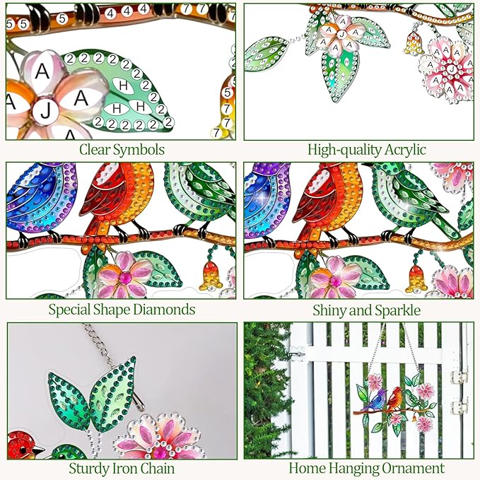 CEOVR Birds Hanging Diamond Art for Adults, Spring Birds Flower Diamond Painting Pendant DIY Gem Art Wall Hanging Ornament, Acrylic Home Garden Decor with Chain, Box Kit 7.87 * 6.29inch