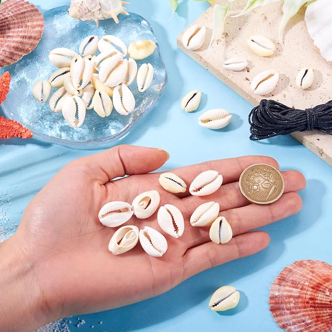 Cheriswelry 100pcs Shell Beads for Bracelet Making Cowrie Shells Spacer Beads Summer Beach Shell Oval Beads for DIY Necklace Jewelry Making with 5.46 Yard Waxed Cotton Thread Cords