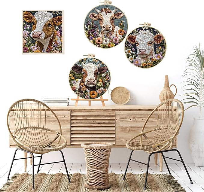 LB 4 Pack Farmhouse Cow Embroidery Kit for Beginners Rustic Floral Plant Beginner Embroidery Kit for Adults DIY Starter Kit with Embroidery Hoop Colorful Threads Tools and Instructions