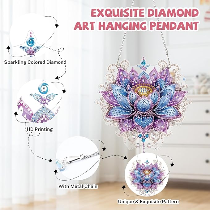 Lotus Diamond Art Hanging Kits for Adults, Diamond Art Suncatchers Flowers, 5D Special Shape Diamond Painting Pendant Window Ornament Gifts for Home Wall Garden Door Decor