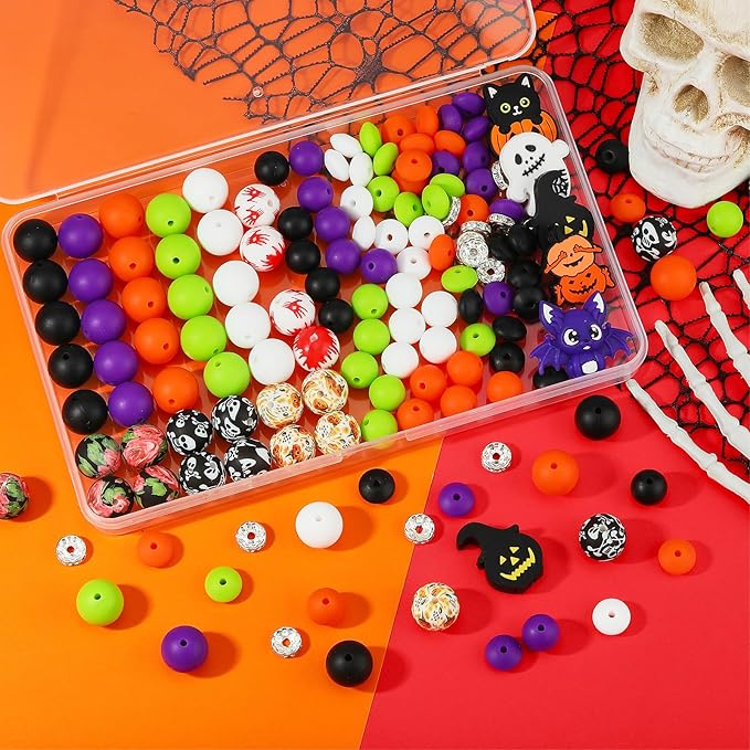 121 Pcs Halloween 12mm 15mm Silicone Beads Kits for Keychain Making 3D Bat Focals Round Focal Beads for Pens Bracelets Necklace DIY Crafts Jewelry Making