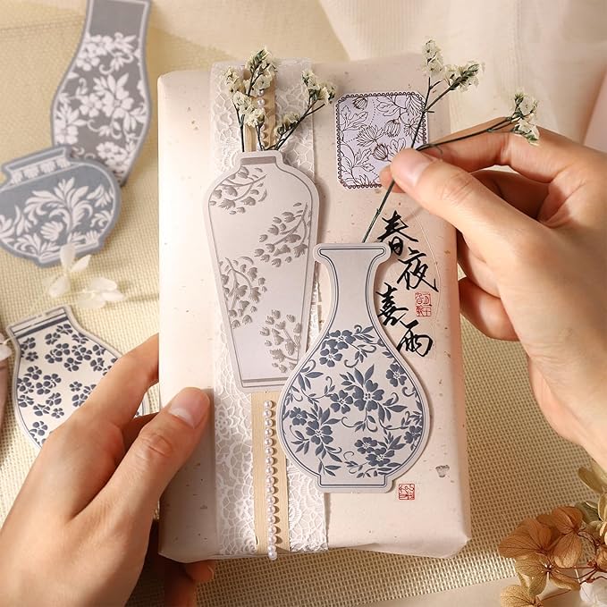Oriental Floral Vase Stickers – 80pcs Pre-Cut Ceramic Bottle Designs with Relief Texture, Self-Adhesive Decorative Paper for Scrapbook Journaling Collage Planner Crafts