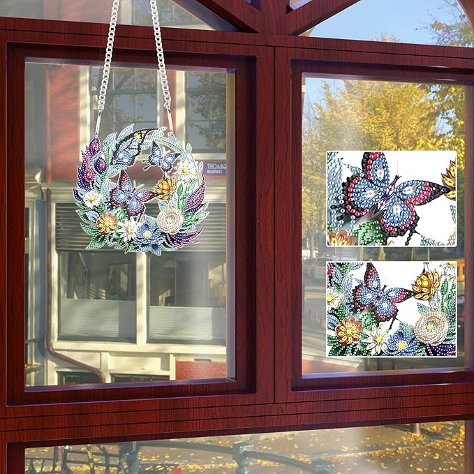 Flower Birdcage Design DIY Diamond Art Painting Wreath Kits Special Shaped Rhinestone Diamond Art Window Pendants Home Garden Wall Hanging Kits (Single Side Point Drill) (#11-Cat) (#12-Butterfly)