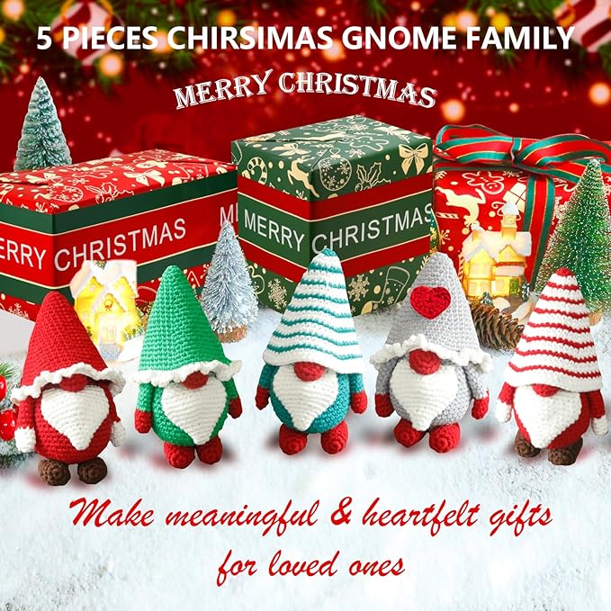 AUGVO Christmas Crochet Kit for Beginners, Crochet Starter Kits for Adults, Amigurumi Craft Knitting Crochet Animals Kits with Step-by-Step Video Tutorials, 5 Pack Gnome