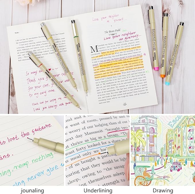 Muchcute 01 Micro Fineliner Drawing Art Pens: 12 Colors 0.25mm Extra Fine Point Bible No Bleed Smooth Journal Zentangle Study Supplies Colored Waterproof Line Ultra Needle Tip Fine liner Thin Gel Felt
