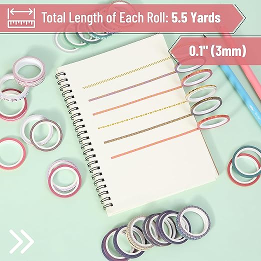 Mr. Pen- Skinny Washi Tape Set, 48 Rolls, Gold Foil Print, 3mm Wide Thin Washi Tape, Gold Foil Washi Tape, Decorative Tape, Washi Tapes, Scrapbook Tape, Scrapbook Washi Tape for Journaling, Craft Tape