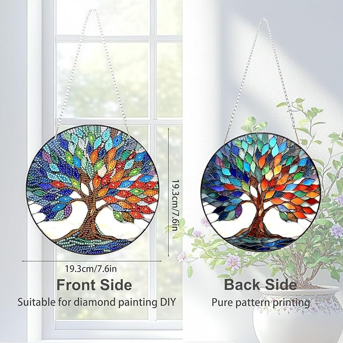 TOSTOG Diamond Art Hanging Kits for Adults, DIY Diamond Paintings for Adults Window Pendant, Special Shape Diamonds Colorful Tree of Life Diamond Paintings Hanging Pendant Kit for Wall Decor Gift