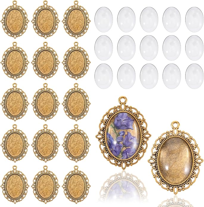 30 Pcs Pendant Tray Kit, 15 Pcs 30 x 40 mm Oval Bezel Blank Pendant Trays Base, 15 Pcs Transparent Glass Cabochons, Cameo Pendants for DIY Bridal Bouquet Photo Pendants Memorial Jewelry Making Necklace