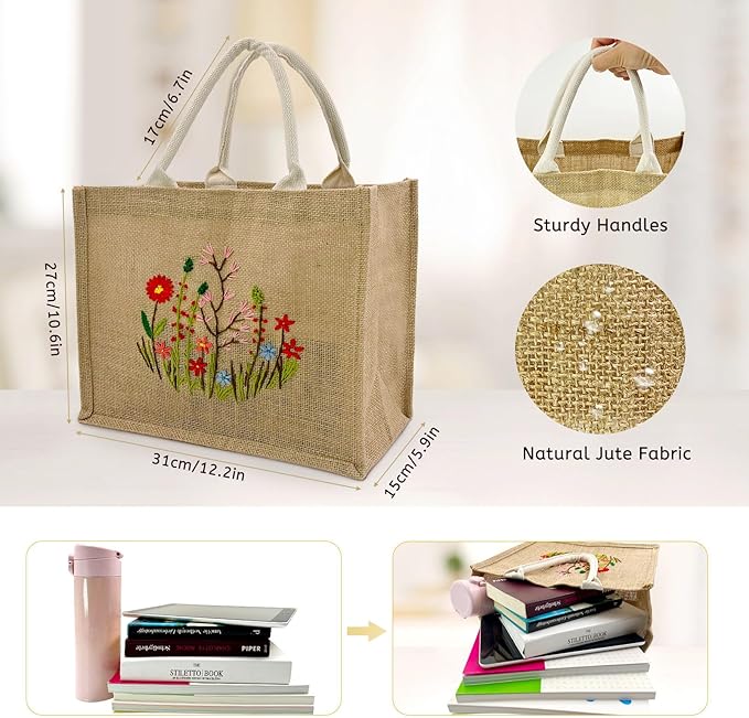 SNAIL GARDEN Linen Tote Bag DIY Embroidery Kit for Beginners with Scarf, Printed Cross Stitch Craft Kit with Thread, Needle & Guide – Reusable Grocery Bag for Women