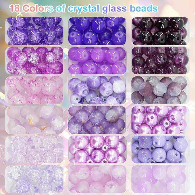 Hanyoung 8mm Glass Beads for Bracelet, Violet Elegant Series Purple 18 Colors 450 pcs Beads for Jewelry Making kit, Crystal Glass Round Beads for DIY Crafts Gifts (Purple Color)