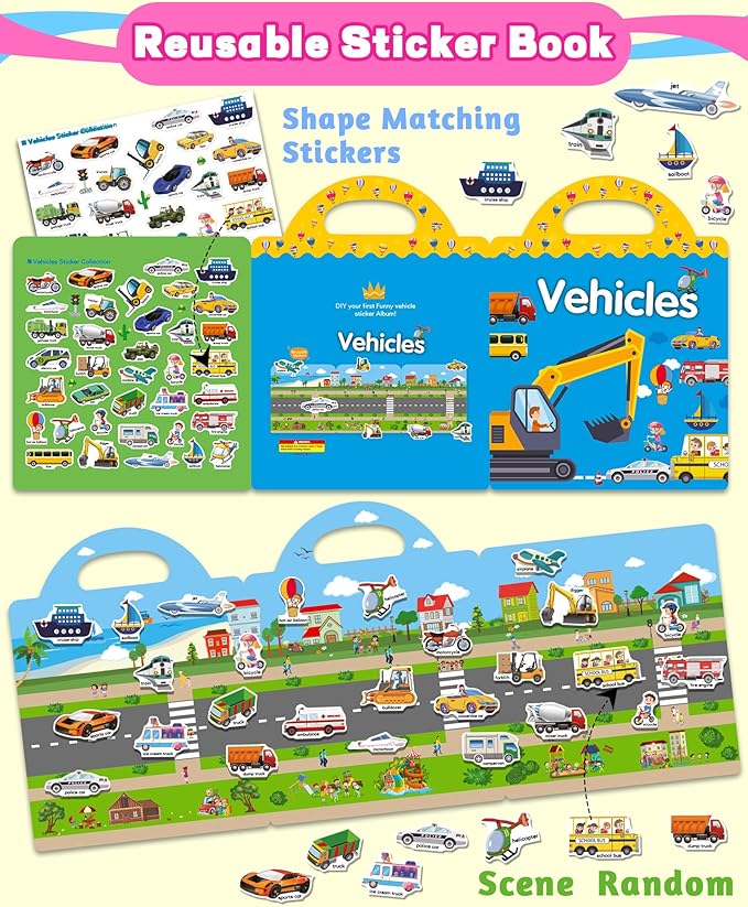 walenced reusable sticker book for toddlers, stickers for kids, toddler craft activities, toddler travel toys ages 3 and up boy girl birthday gifts