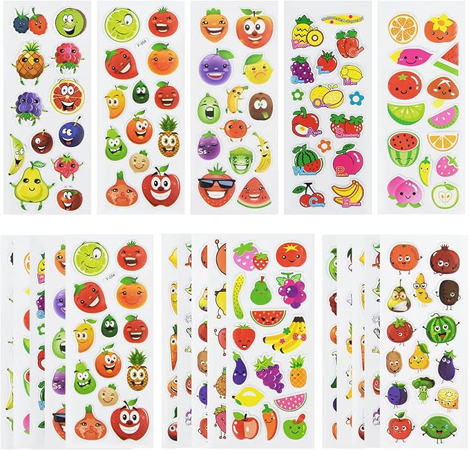24 sheets(350+) fruit 3d puffy stickers for toddlers kids, bulk preschool sticker sheets for reward, craft, scrapbooking
