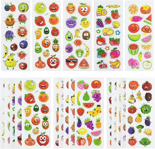 24 sheets(350+) fruit 3d puffy stickers for toddlers kids, bulk preschool sticker sheets for reward, craft, scrapbooking