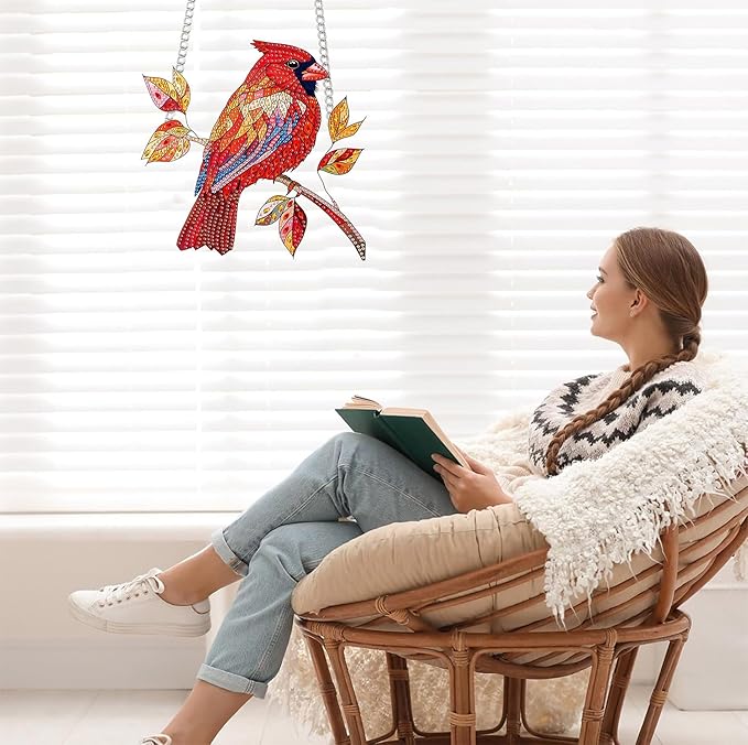 Bimkole Red Bird Diamond Art Hanging Kit for Adult, DIY 5D Animals Diamond Art Painting Window Pendant, Acrylic Crystal Art Hanging Ornament for Wall Home Garden Front Door Decor - 7.8x7.8 Inch