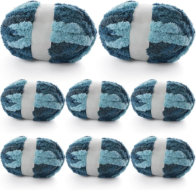8 Pcs Chunky Yarn for Hand Knitting - Chunky Chenille Yarn for Crocheting - Fluffy Yarn for Crochet - Jumbo Yarn for Hand Knitting 227 yds 61.6 oz of Super Bulky Yarn (Dark Blue-Blue-Black)