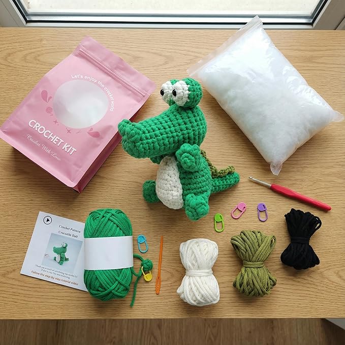 minimal beee Crocodile Crochet Kit for Beginners, Animals Easy-Peasy Yarn with Complete Starter Supplies, DIY Gift for Adults Crafts, Includes Video Tutorials & Patterns