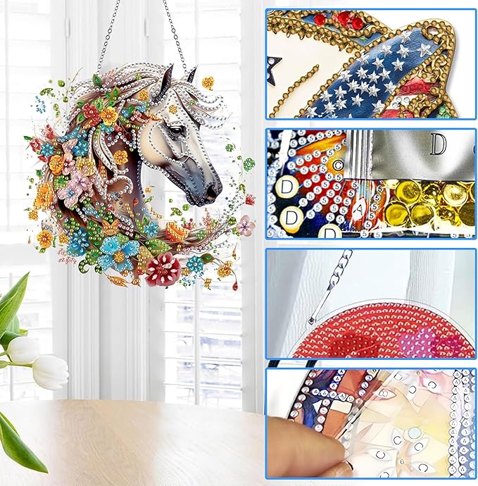 Reofrey Hanging Diamond Art Kits for Adults– 8x8Inch Horses Hanging Ornament Acrylic Board Double Sided Pattern Crystal Diamond Art Suncatcher Pendant, for Home Wall Window Decoration Handmade Gift