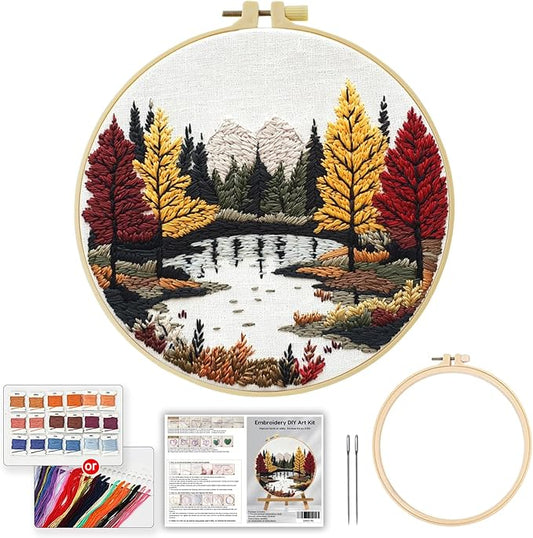 ZuoAnLF Embroidery Kit for Beginners – Complete Hand Embroidery Starter Set with Hoop, Pattern Cloth, Color Threads & Needles, DIY Embroidery Set for Relaxation, Home Décor & Unique Gifts (lakescape)