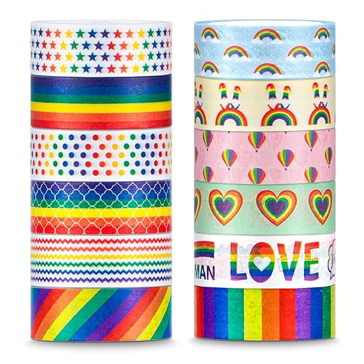 Whaline 12 Rolls Rainbow Washi Tape Gay Pride Day Washi Masking Tape Colorful Heart Love Decorative Paper Stickers for Birthday Gay Pride Day Scrapbook Gift Wrapping DIY Art Crafts