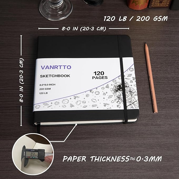 Hardcover Square Sketch Book, 120lb/200GSM Sketchbook Thick Drawing Paper for Marker Watercolor Pencil Mixed Media, Premium Drawing Notebook, 60 Sheets/120 Pages 8x8 Inch Sketch Pad, 2 Pack