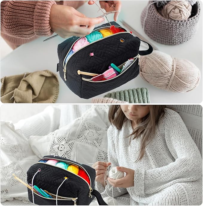 Small Crochet Bag Organizer - Knitting Yarn Storage for Crocheting Holder Accessories, Needles, Hooks, Gifts, Black, (AM370)
