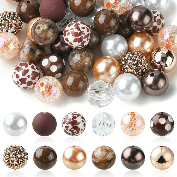 Ipotkitt 50 Pcs/Set Coconut Brown Leopard Print Beads Bracelet Bead Kit with Chain Clasp Candy Color Acrylic Round Spacer Beads for Jewelry Making