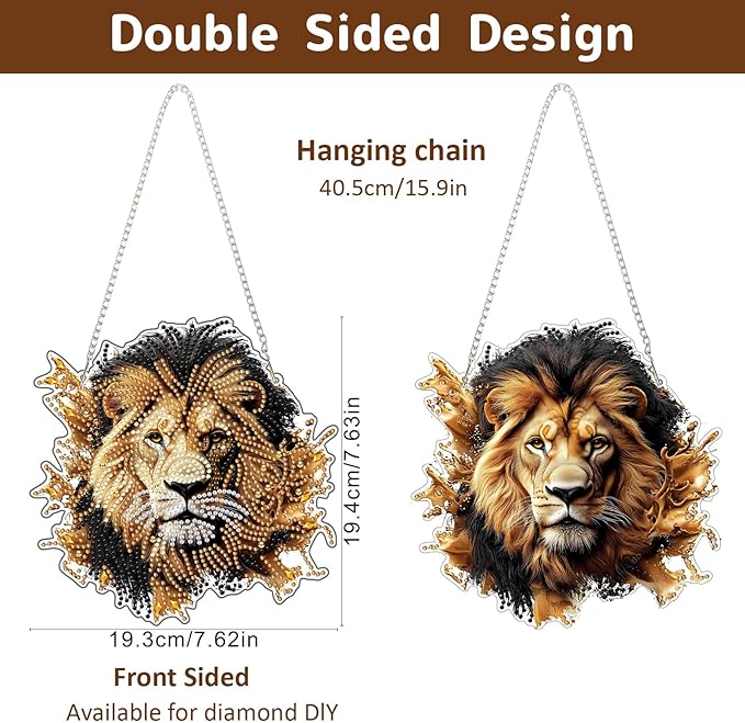 Genius maker Lion Diamond Art Hanging Kits for Adults, Animal Diamond Painting Pendant Kits, DIY Acrylic 5D Special Shaped Crystal Diamonds Gem Art Painting Ornament for Home Wall Decor Gift 8x8 Inch