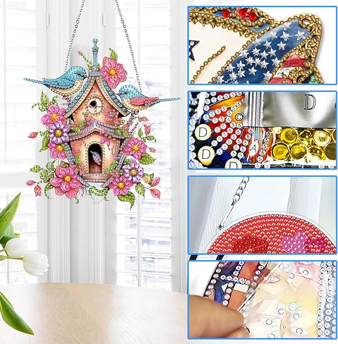 Reofrey Spring Hanging Diamond Art Kits for Adults Birds – 8x8Inch Hanging Ornament Acrylic Board Double Sided Pattern Crystal Diamond Art Suncatcher Pendant, for Home Wall Window Decor Handmade Gift