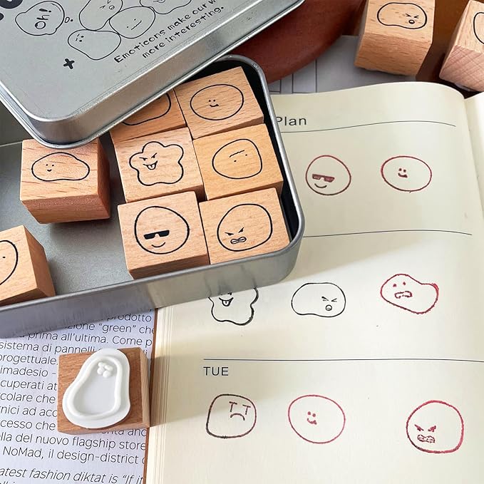 Mood Expression Wooden Rubber Stamps Kit - 12Pcs Emoticon Theme Stamps for Diary Planner, Scrapbooking, Card Making, Journal Decor and Bullet Journal