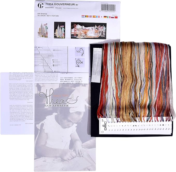 Thea Gouverneur - Counted Cross Stitch Kit - America - Aida Black - 18 Count - Embroidery Kit for Adults - DMC Embroidery Threads and Other Cross Stitch Supplies Included - 544.05