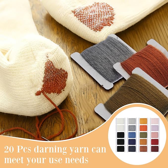 Jexine 20 Pcs Darning Thread 50% Wool 50% Acrylic Yarn 1200m Darning Kit with 24 Pcs Large Eye Sewing Needles for Clothes Socks Plush Toy Adults DIY Home Sewing Care, 60 Meters Per Yarn(Multicolor)