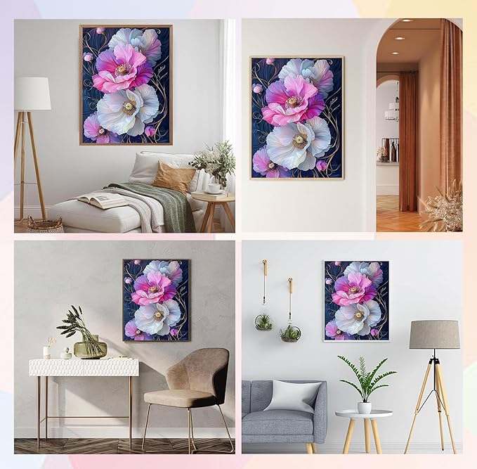 QENSPE Diamond Painting Art Kits for Adults, DIY Pink & White Flowers Full Drill Diamond Art for Beginners, 5D Round Diamond Dots Paintings Gem Art Crafts Home Wall Decor Gifts 30x40cm
