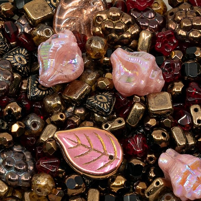 1.4oz (40g) Mix of Czech Glass Beads, Flowers, Leaf Beads, Murex Shell Beads, Grape Beads, Hand Made Set Kit, Bronze Red Pink