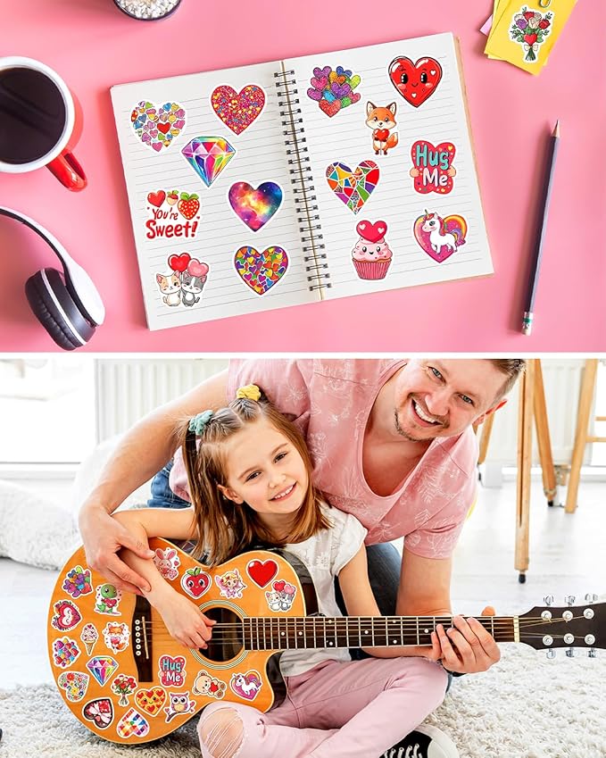 100pcs valentines stickers for kids, bulk heart stickers for valentines day gifts for kids classroom school exchange, vinyl decals, crafts, party favors, goodie bags decorations