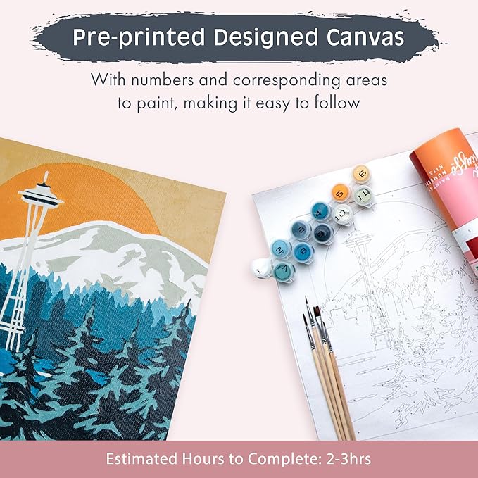 Pink Picasso Kits Colorful Destinations Paint by Number for Adults and Teens | DIY Unique Canvas Painting Kits Color by Numbers Arts & Crafts Kit | Space Out in Seattle 8x10 - Paint Kit Set