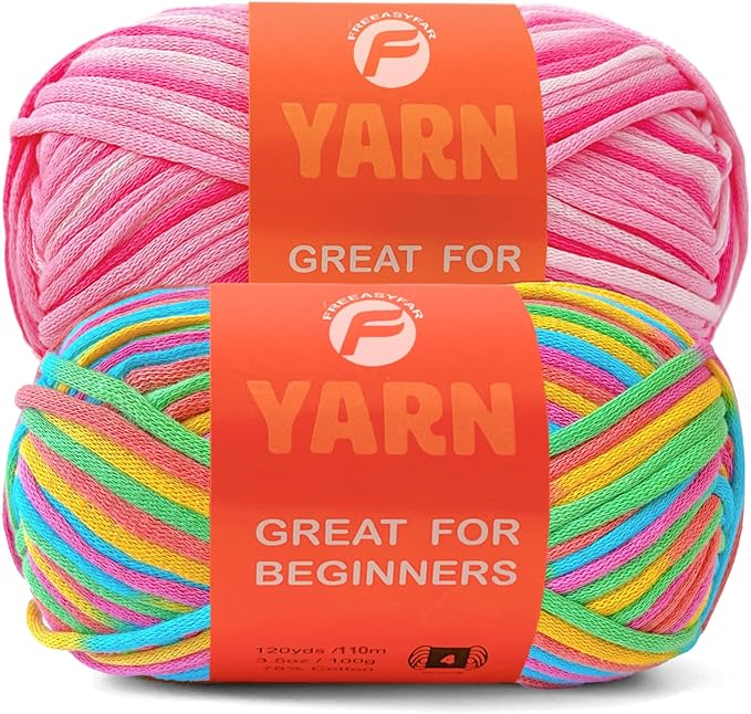2 x 3.5Oz/120yds Beginner Easy Yarn for Crocheting and Knitting;Worsted-Weight Medium #4;Cotton Blend Yarn for Beginners Amigurumi DIY(Strawberry+Rainbow)