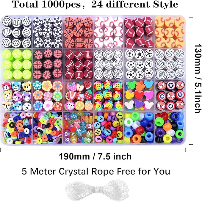 BBita 1000PCS Sports Polymer Clay Beads Bracelet Making kit, 24 Style Cute Fun Ball Beads Baseball Basketball Soccer Rugby Volleyball Football Charms, DIY Bracelet Making kit