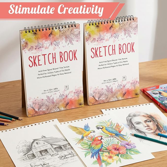 2 Pack Sketch Book with 36 Color Pencil Set, Spiral Sketchbook for Drawing (68lb/100gsm), Acid-Free Sketch Pad for Artist(9×12 inch), Art Paper Drawing Supplies for Gifts (Petal Theme)