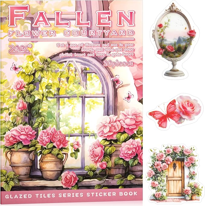 Fallen Flowers Courtyard Sticker Scrapbooking Supplies for Junk Journal, 20 Sheets PET Stickers - Vintage Journaling Stickers, Ephemera Sticker Book Pre Cut(TZ-009-001)