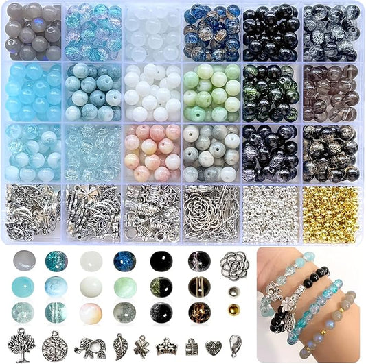 8mm Glass Bead Bracelet Making Kit for Adults & Teens – 414pcs Real Crackle Glass Beads with Charms, Neutral Color Jewelry Set