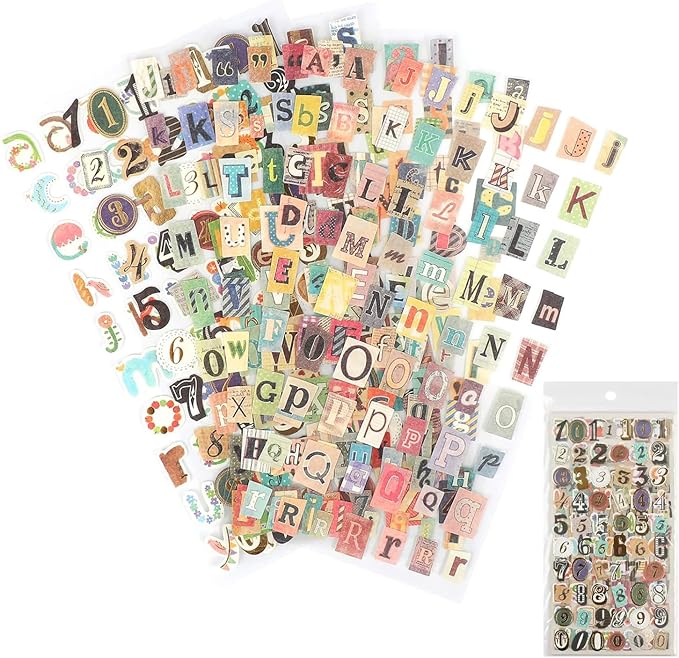 347PCS Vintage Stickers, 6 Sheet Scrapbook Stickers Graffiti, Cute Vintage Letters Numbers Self Adhesive Decals Scrapbooking Supplies for Diary DIY Art Album Paper Crafts