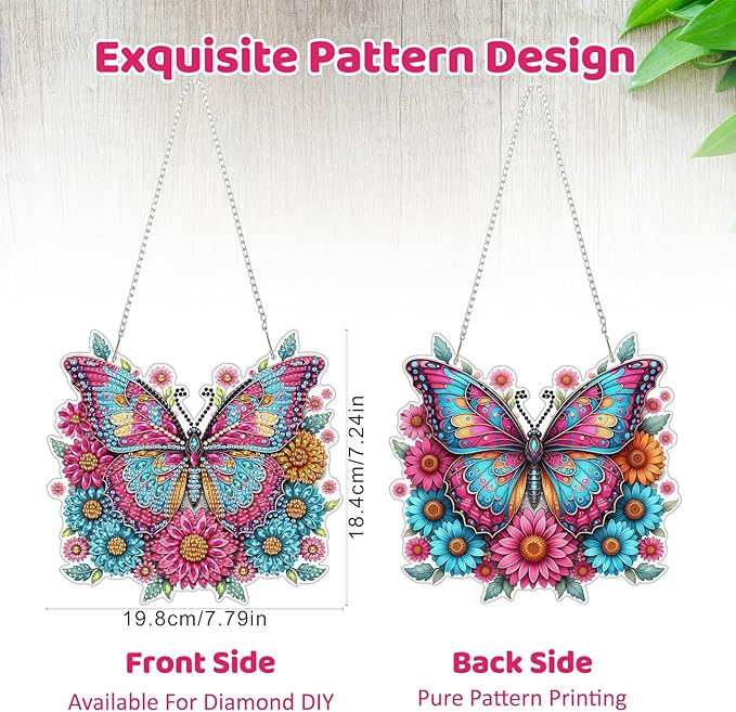MEIYUDA Butterfly Hanging Diamond Art Kits for Adult, Flowers Butterfly Diamond Painting Hanging Kits Ornaments, DIY Special Shaped Rhinestone Window Pendants kit for Home Garden Wall Decor Gift