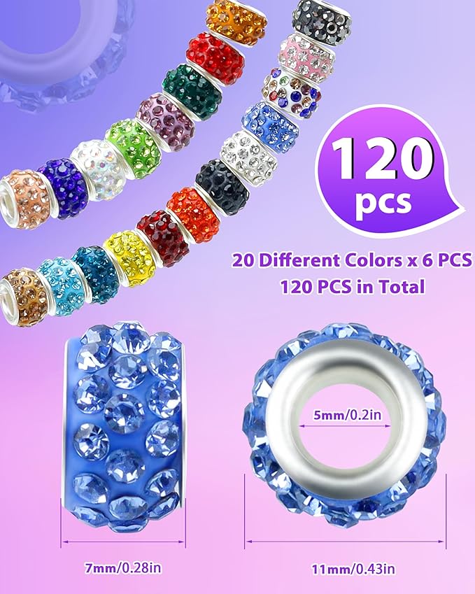 120pcs fiveizero rhinestone large hole beads for jewelry making, 20 colors rhinestone european bead bulk spacer beads for beadable pens, diy crafts