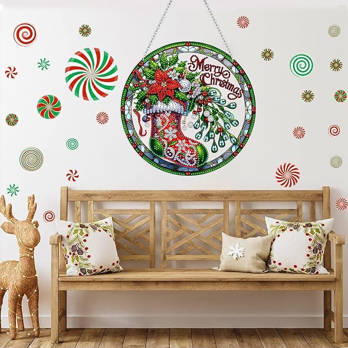Diamond Art Hanging Kits for Adult, Christmas Diamond Art Crafts Decor, 5D DIY Acrylic Diamond Art Painting Ornaments, Window Pendants Wall Hanging Kits for Home Garden (Socks)