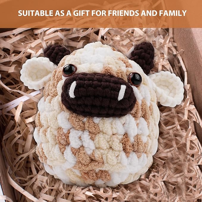 Vanttokeey Crochet Kit for Beginners, Animal Amigurumi Crochet Kits Included, Step-by-Step Video Tutorials, Beginner Crochet Kit for Adults and Kids, Crocheting Starter Set (Cow)