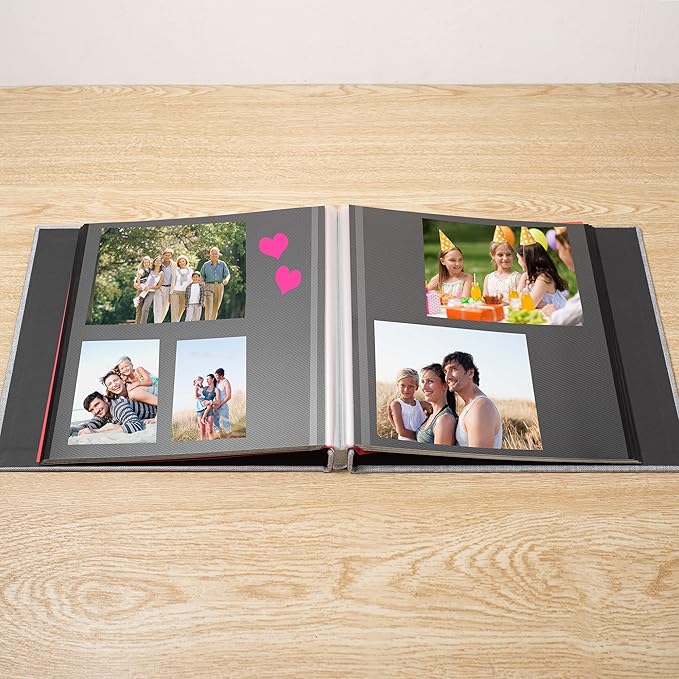 Large Photo Album Self Adhesive 4x6 8x10 10x12 13"x12.6" Scrapbook 12.6"x11" Inch 60 Black Sticky Pages Linen Cover Magnetic Photo Album with A Metallic Pen and DIY Stickers(Grey)
