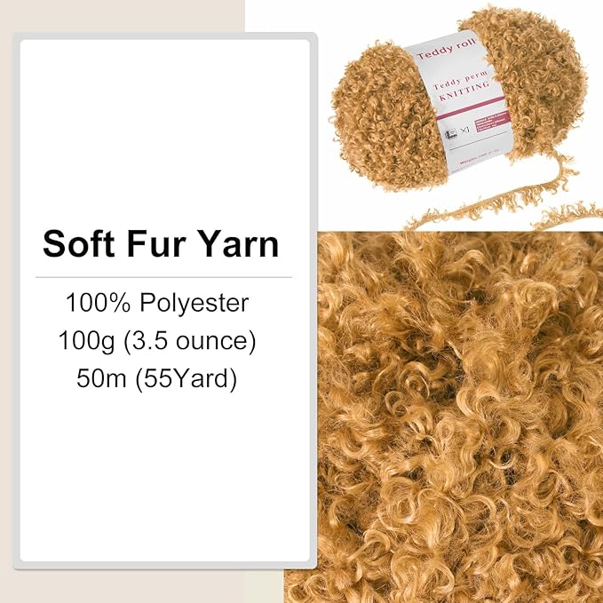 MECCANIXITY 1 Skeins Eyelash Yarn Fur Soft Fluffy Chunky Polyester Yarn Fuzzy Camel Brown for Crocheting Knit DIY Clothes Bag - 55Yard/50m, 3.53oz