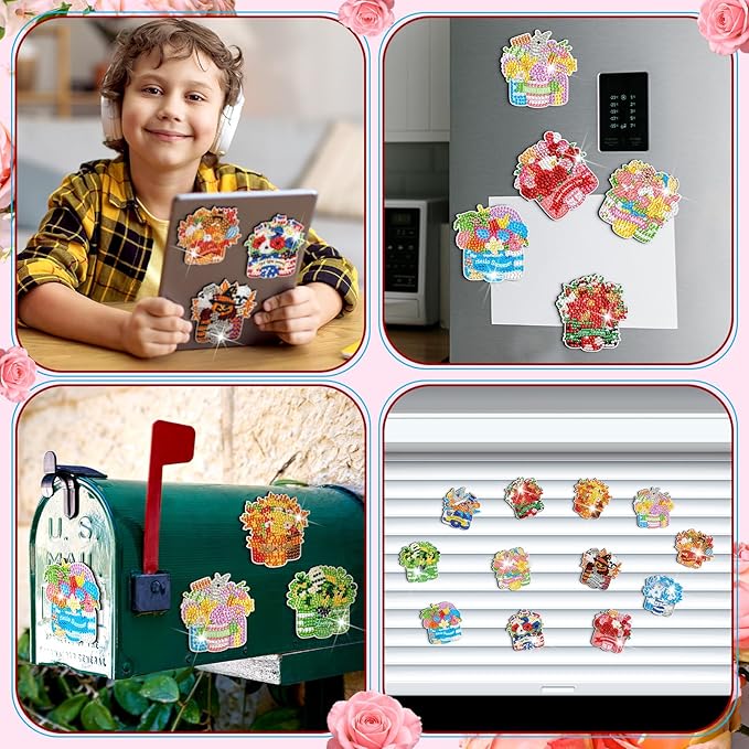 Frienda 12 Pcs Diamond Art Magnets Refrigerator Diamond Painting Magnets Holiday Seasonal Flower Basket Easy Kits Interchangeable for Adults Beginners DIY Flower Home Decors Gifts Craft