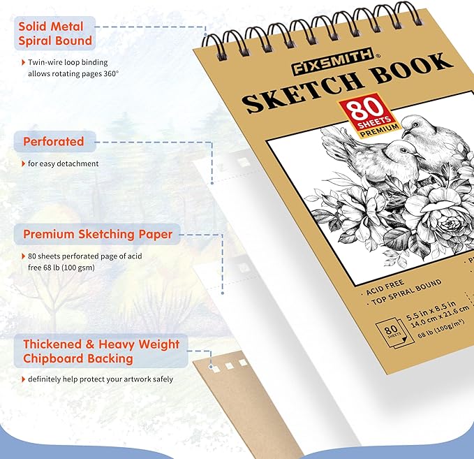 fixsmith 5.5"x8.5" sketch book | 160 sheets (68 lb/100gsm) | 2 pack sketchbooks | top spiral bound artist sketch pad | acid free drawing pad | ideal for kids,beginners,artists &painters | bright white